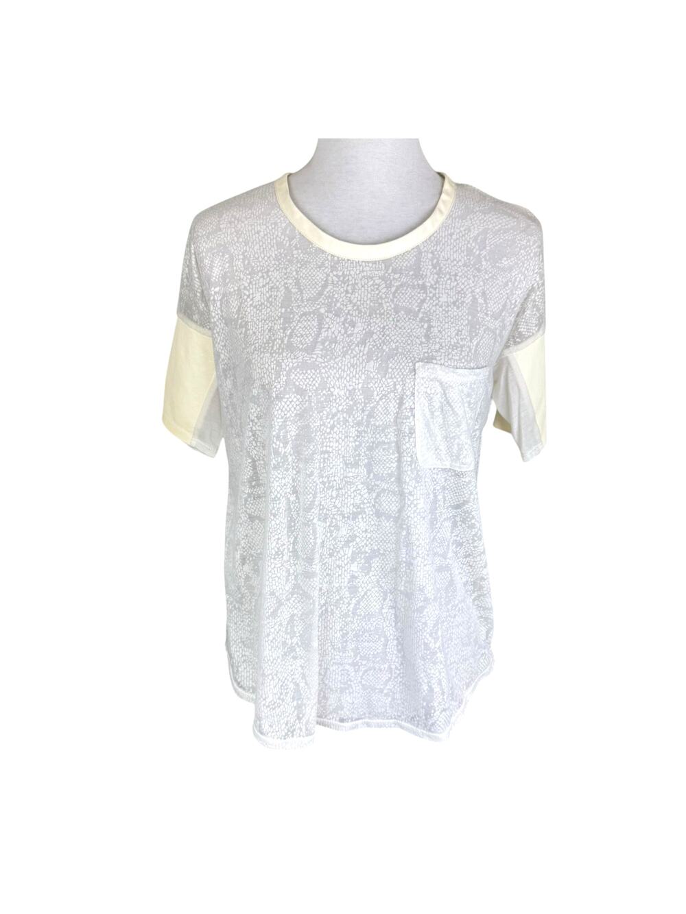 Rebecca Taylor Snake Print Burnout White Leather Trim Short Sleeve Sheer Top